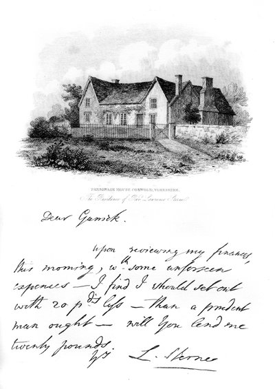 Una nota de Sterne a Garrick, y una vista de la casa de Sterne en Yorkshire, siglo XVIII de Unbekannt