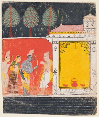 Una página de un Ramayana: Una escena nocturna de Rama, Lakshman y Sita ante el rishi de Unbekannt