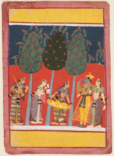Una página de una serie de Rasikapriya: Krishna y Radha y las Sakhis con instrumentos musicales, c. 1650 de Unbekannt