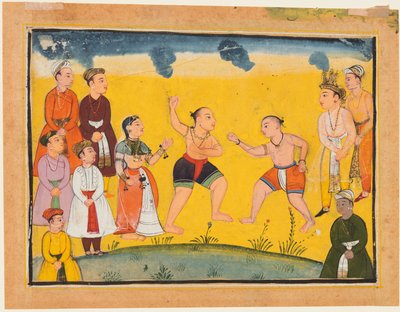 Una página del Mahabharata: Bhima luchando con Jayadratha, c. 1615 de Unbekannt