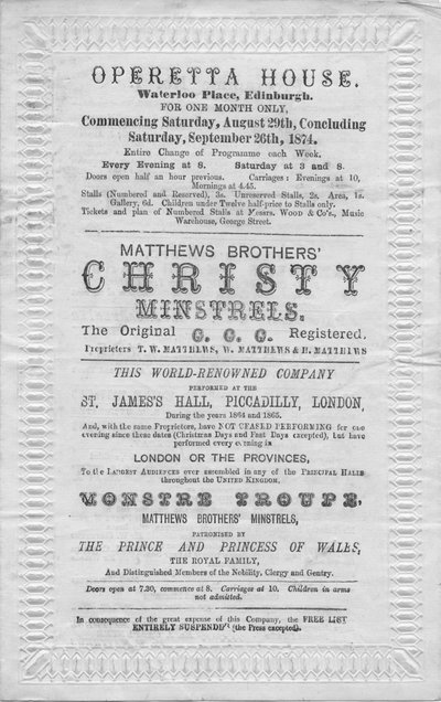 Programa de eventos en la Casa de la Opereta, Waterloo Place, Edimburgo, 1874 de Unbekannt