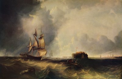 Un barco y hombres en un bote de remos frente a Calais, c1830, 1938 de Unbekannt