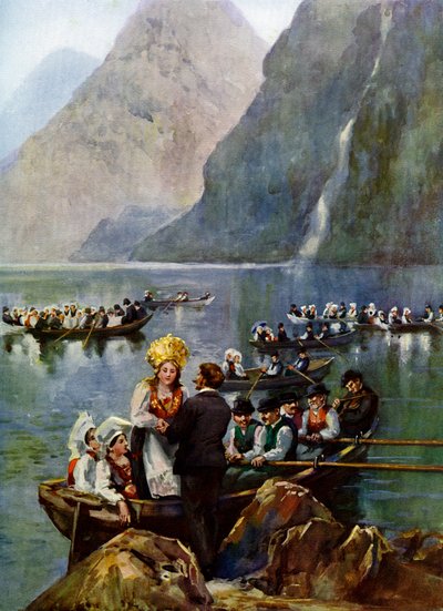 Una procesión de bodas en barcos, Noruega de Unbekannt