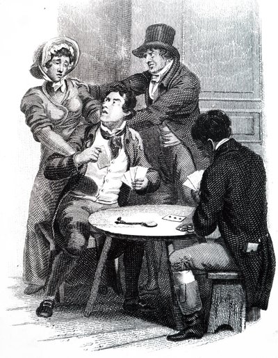 Una esposa tratando de sacar a su esposo de la mesa de juego de Unbekannt