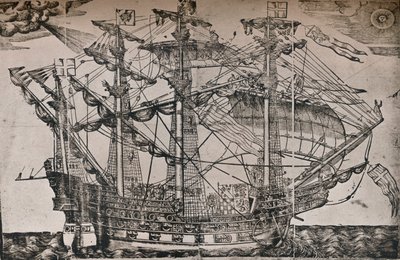 Un grabado en madera de un barco que se cree que es el Ark Royal, c. 1587 de Unbekannt