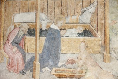 Fresco de la iglesia de la abadía de Abondance: escena de la natividad, Abondance, Francia de Unbekannt