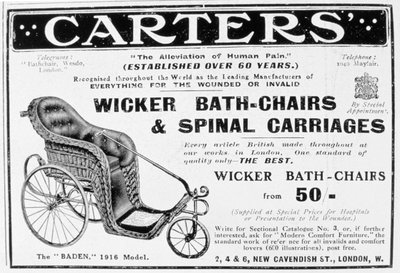 Anuncio de sillas de baño de mimbre y carros espinales de Carter, 1916 de Unbekannt