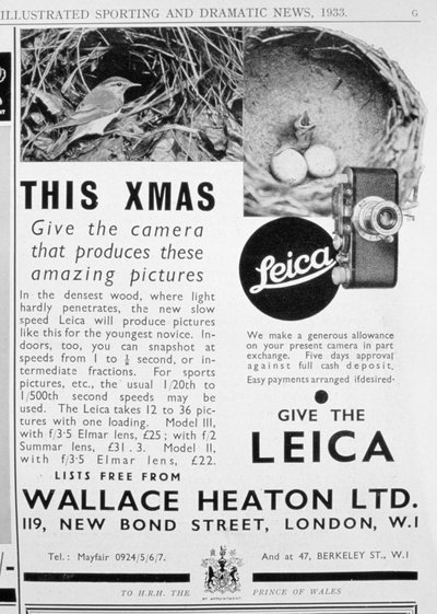 Anuncio de cámaras Leica vendidas por Wallace Heaton Ltd, New Bond Street, Londres, 1933 de Unbekannt