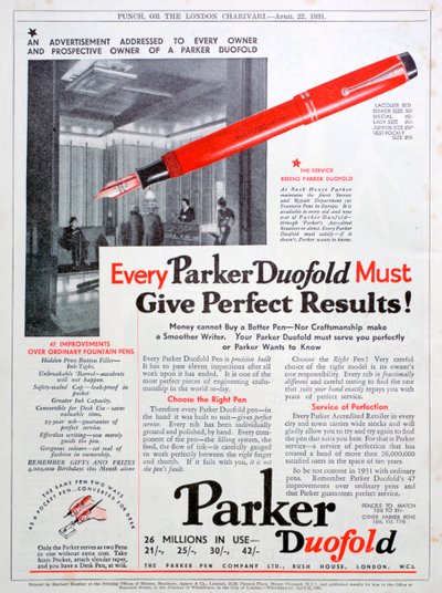 Anuncio de plumas Parker, 1931 de Unbekannt