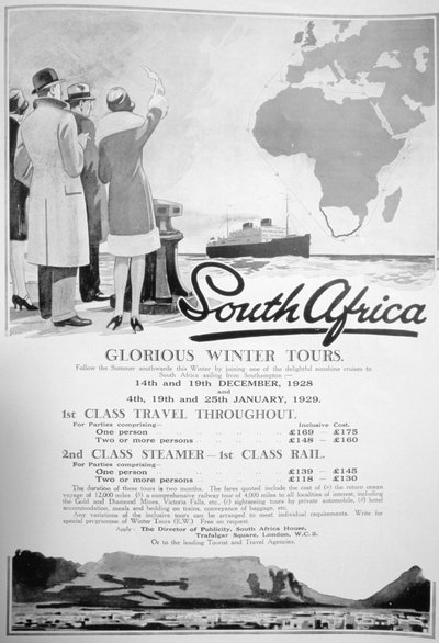 Anuncio de tours de invierno en Sudáfrica, 1928 de Unbekannt
