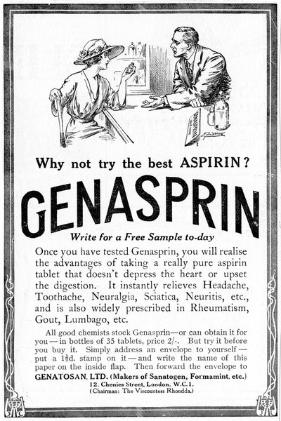 Anuncio de Genasprin, una marca patentada del medicamento Aspirina, 1919 de Unbekannt