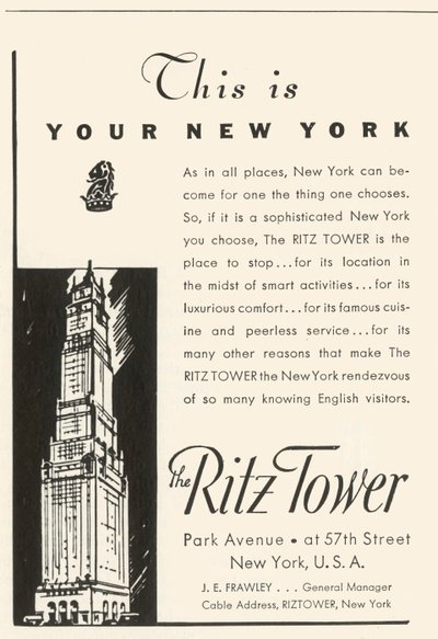 Anuncio del Ritz Tower Hotel en Nueva York, 1934 de Unbekannt