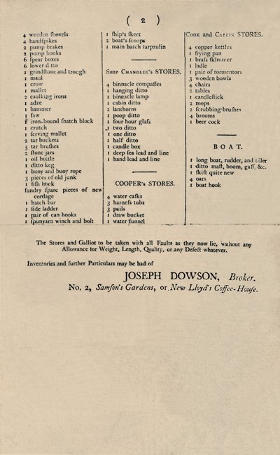 Anuncio de venta por vela en Lloyds, 1796 de Unbekannt