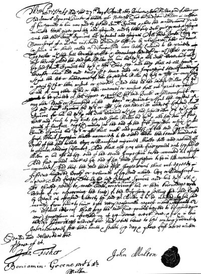 Acuerdo entre John Milton y el impresor Samuel Symons para la venta de los derechos de autor de 