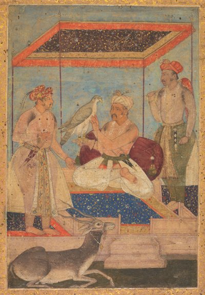 Akbar y Jahangir examinan un halcón Ghir mientras el príncipe Khusrau está detrás, c. 1602-1604 de Unbekannt