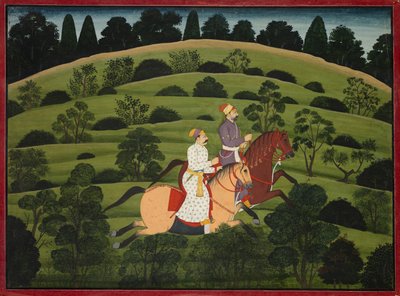 Akrura cabalga hacia Dwarka, página del gran Basohli Bhagavata Purana, c. 1760-1765 de Unbekannt