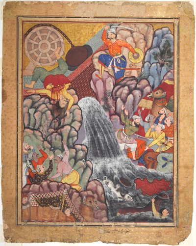Alamshah partiendo la cadena de la rueda, del volumen 11 de un Hamza-nama..., c. 1560s - 1570 de Unbekannt