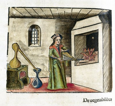 Alquimia siglo XVI: un alquimista trabajando, activando un fuelle frente a la chimenea de su taller, detrás de él, una estufa y un alambique de Unbekannt