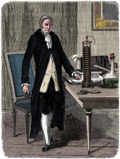 Alessandro Volta, físico italiano, demostrando su pila eléctrica, c1800 c1870 de Unbekannt