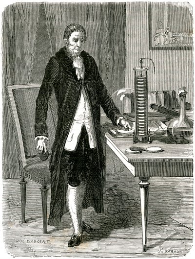 Alessandro Volta, físico italiano, demostrando su pila eléctrica, c1800 c1870 de Unbekannt