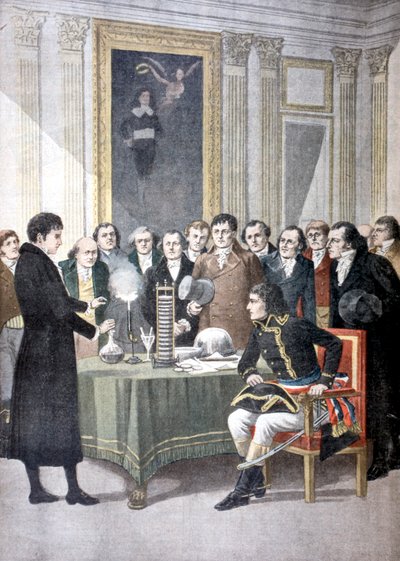 Alessandro Volta, demostrando su pila de batería a Napoleón de Unbekannt