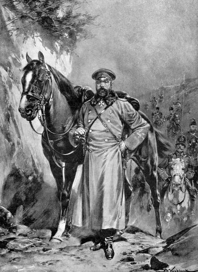 Alexei Nikolaievich Kuropatkin con su caballo, Guerra Ruso-Japonesa, 1904-5 de Unbekannt
