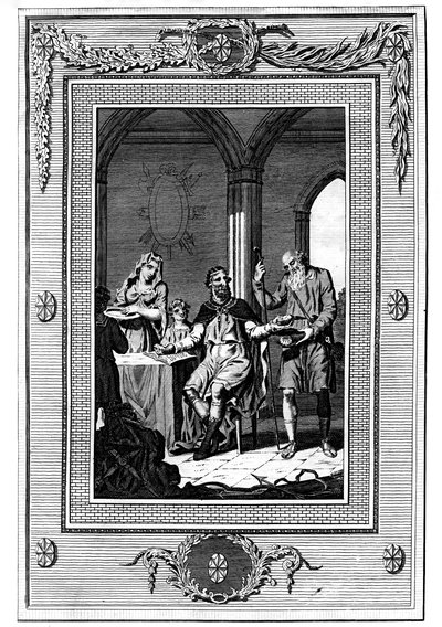 Alfredo el Grande dividiendo su pan con un pobre peregrino, siglo IX, 1772 de Unbekannt