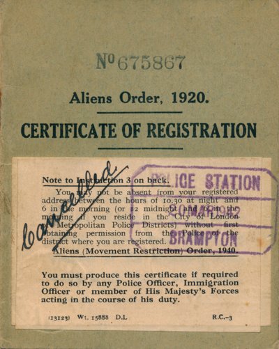 Orden de Extranjeros, Certificado de Registro, 1920 de Unbekannt