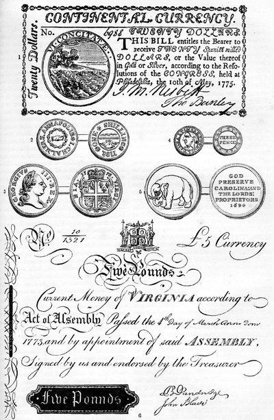 Monedas y billetes estadounidenses, siglos XVII-XVIII c1880 de Unbekannt