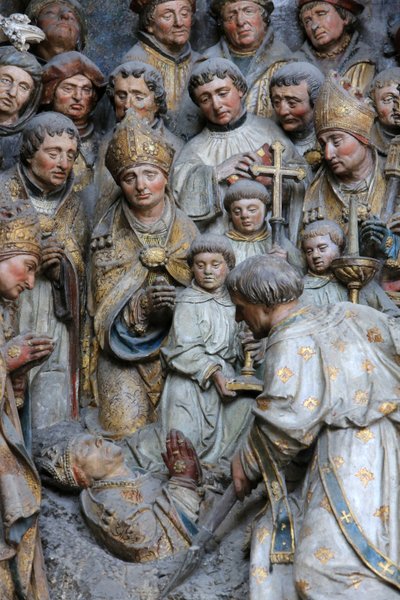 Amiens. Traslación de las reliquias de San Fermín. Exhumación de los restos del mártir. Detalle de la historia de San Fermín ubicada sobre el yacente Adrien Henencourt. Catedral de Amiens, Amiens, Francia de Unbekannt