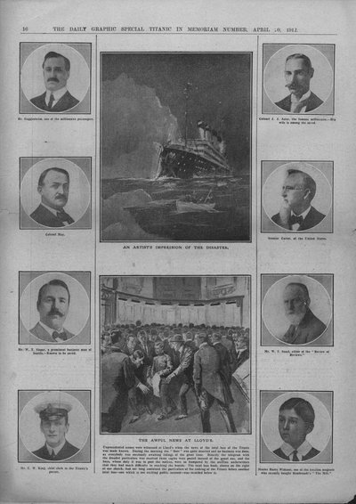 Impresión artística del desastre y las terribles noticias en Lloyds, 20 de abril de 1912 de Unbekannt