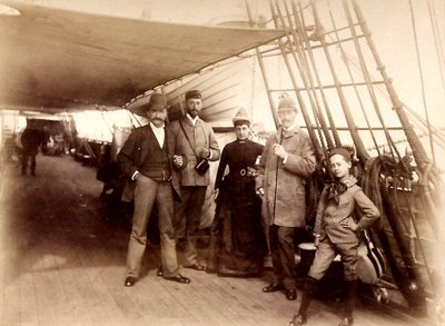 A bordo del Fulda, mostrando a D. Blottnitz, Frau Dr. Hildebrand Koch, Kirchner y Wilh. Mallinkrodt cruzando el Atlántico a bordo del vapor Fulda de Unbekannt
