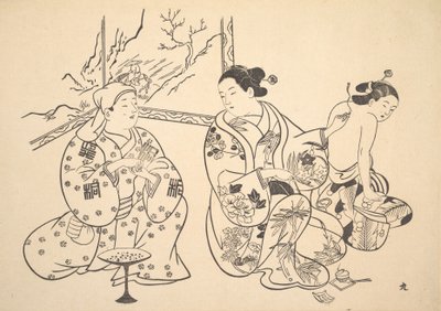 Una Oiran Sentada en un Salón Aplica el Tratamiento de Fuego a la Espalda Desnuda de Otra Mujer de Unbekannt