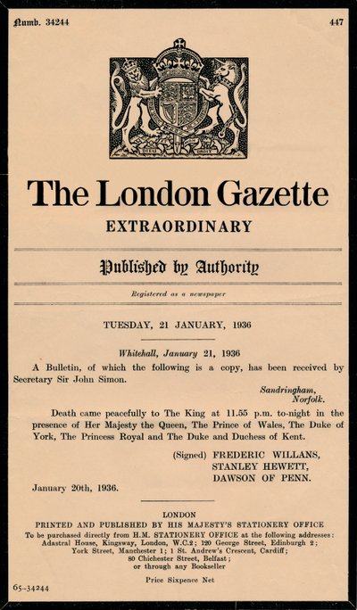 Un boletín extraordinario de The London Gazette anunciando la muerte del Rey Jorge V 1865-1936 de Unbekannt