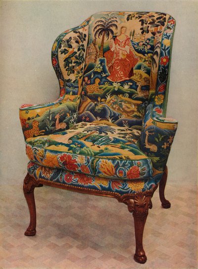 Un sillón tapizado con alas, marco de nogal tallado y cubierta original de bordado de seda, c17 de Unbekannt