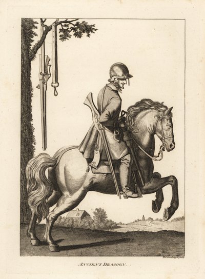 Antiguo dragón a caballo con casco, mosquete y cuerno de pólvora de Unbekannt