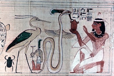 Papiro egipcio antiguo de la muerte arrodillada ante una serpiente de Unbekannt