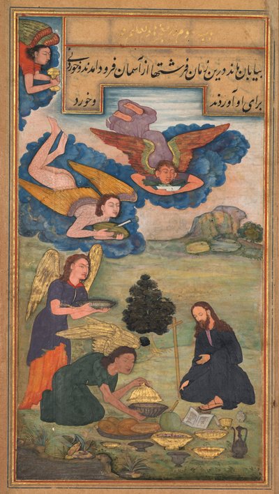 Ángeles llevan comida a Jesús en el desierto, de un Mirat al-quds del Padre Jerome Xavier..., 1602 de Unbekannt