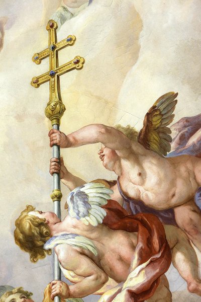 Ángeles sosteniendo una cruz. Fresco de Johann Michael Rottmayr. Karlskirche. Iglesia de San Carlos, Viena, Austria de Unbekannt