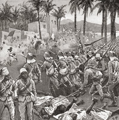 Tropas anglo-egipcias asaltan la aldea de Ferkeh en la batalla de Ferkeh o Firket, 7 de junio de 1896, durante la guerra mahdista de Unbekannt