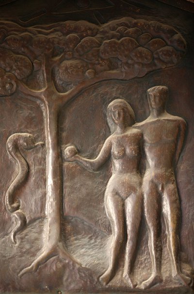 Escultura de la puerta de la basílica de la Anunciación: Adán y Eva, Nazaret, Israel de Unbekannt