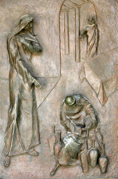 Escultura de la puerta de la basílica de la Anunciación: milagro de la boda en Caná, Nazaret, Israel de Unbekannt