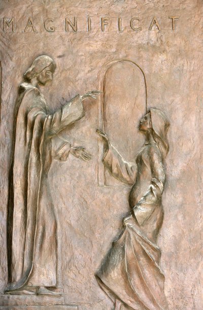 Escultura en la puerta de la basílica de la Anunciación: la Visitación (María y Isabel), Nazaret, Israel de Unbekannt