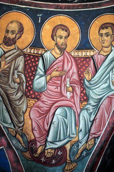 Representación de los apóstoles alrededor de Cristo y el Juicio Final Detalle del fresco bizantino de la bóveda del nártex de la iglesia de Asinou Escena del juicio final siglo XIV (1332) UNESCO, sitio de patrimonio cultural mundial región de Troodos, Chip de Unbekannt