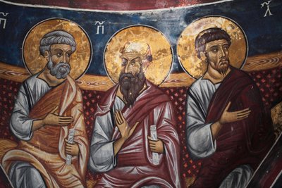 Representación de los apóstoles alrededor de Cristo y el Juicio Final Detalle del fresco bizantino del nártex de la iglesia de Asinou Escena del Juicio Final siglo XIV (1332) UNESCO, sitio de patrimonio cultural mundial región de Troodos, Chipre de Unbekannt