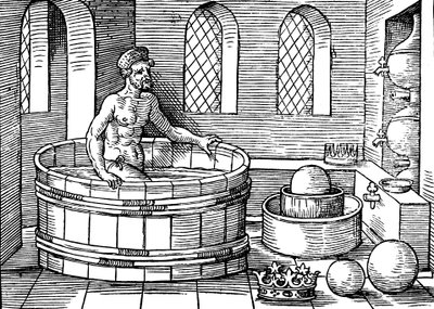 Arquímedes c287-212 a.C., matemático e inventor griego antiguo, en su baño de Unbekannt