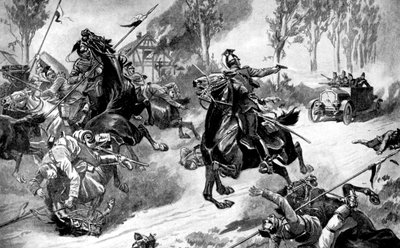 Tropas belgas blindadas bajo ataque de Ulanos, Primera Guerra Mundial, 1914 de Unbekannt