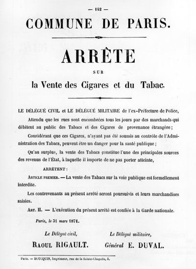 Arrete sur la Vente des Cigares et du Tabac, de los carteles políticos franceses de la Comuna de París de Unbekannt