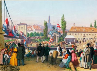 Llegada del barco de vapor a la estación en el canal del Danubio, Viena, 1845 Acuarela de Unbekannt
