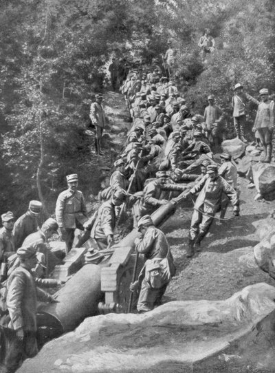 Pieza de artillería siendo tirada por 600 soldados, Segunda Batalla del Isonzo, Primera Guerra Mundial, 1915 de Unbekannt